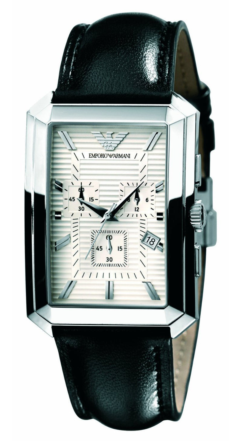 Emporio Armani AR0472 rechteckiger Herren-Chronograph mit schwarzem Lederband