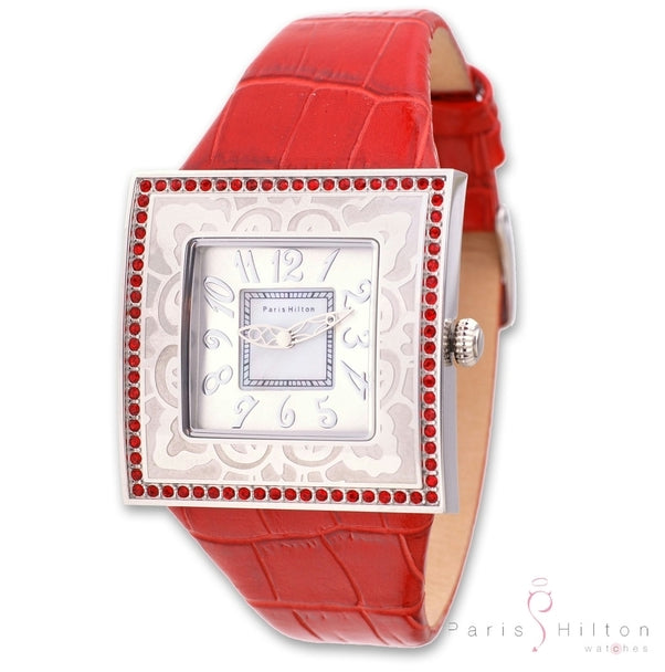 Paris Hilton Big Square 138.4337.99 Damenuhr mit rotem Krokoband und roten Swarovski-Kristallen
