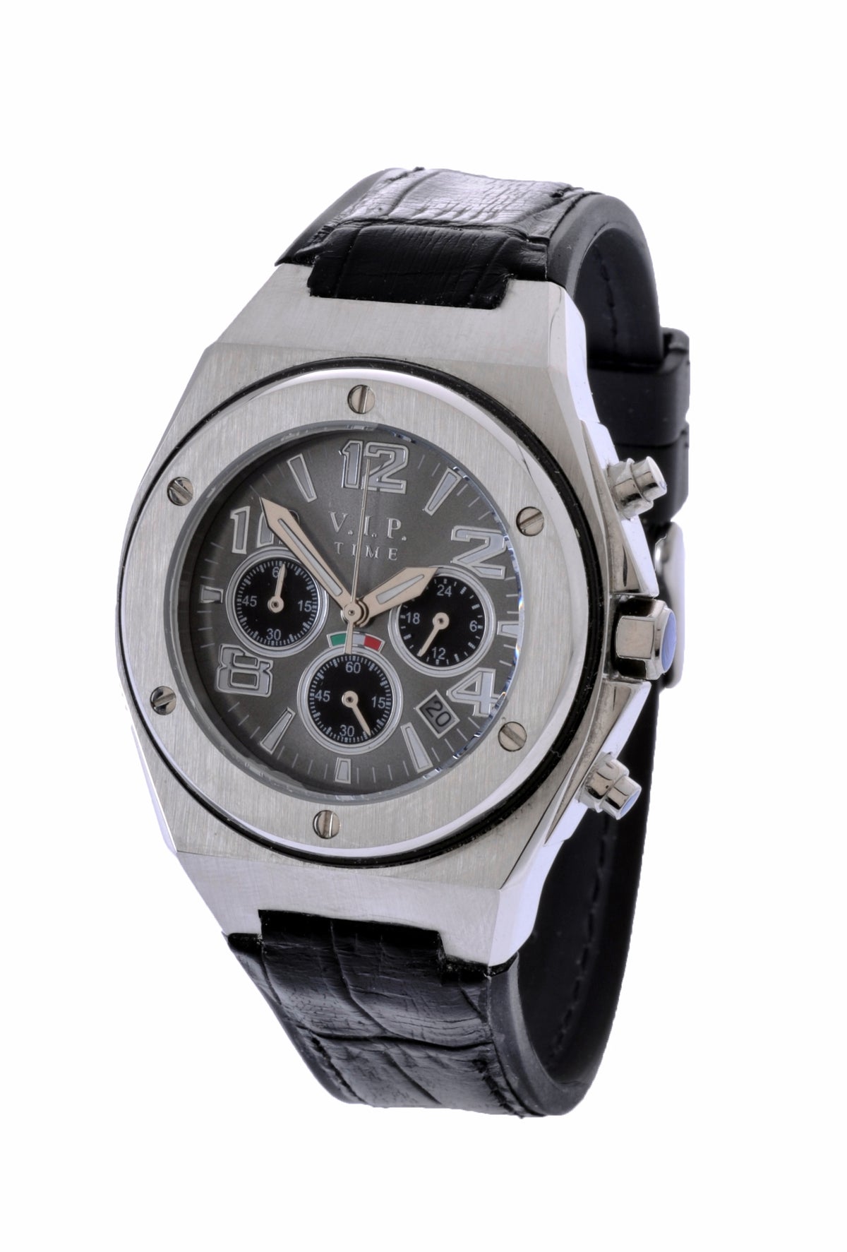 V.I.P. Time Italy Chronograph VP4002ST mit silbernem Edelstahlgehäuse und Armband in Krokooptik