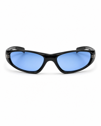 Schwarze Freestyle Unisex Sportbrille mit blauen Gläsern in Frontansicht