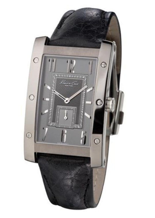 Kenneth Cole Swiss Edition IKC1026 rechteckige Herrenuhr in Gunmetal mit schwarzem Lederband