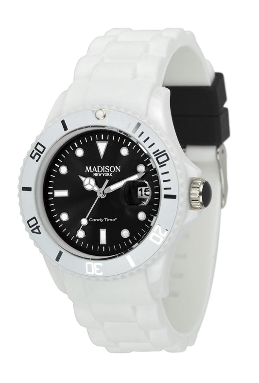 Madison New York Candy White U4359-A1 Unisex-Uhr mit schwarzem Zifferblatt und weissem Silikonarmband