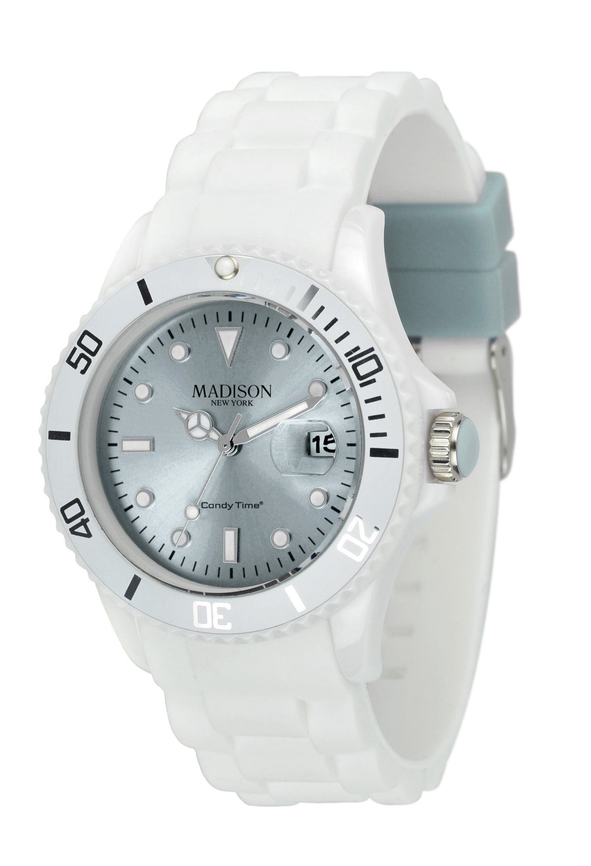 Madison New York Candy White U4359-E1 Unisex-Uhr mit graublauem Zifferblatt und weissem Silikonarmband