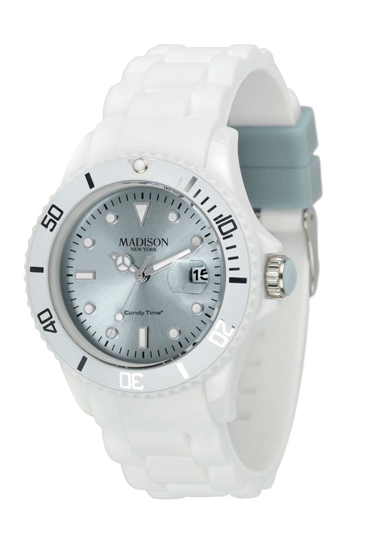 Madison New York Candy White U4359-E1 Unisex-Uhr mit graublauem Zifferblatt und weissem Silikonarmband