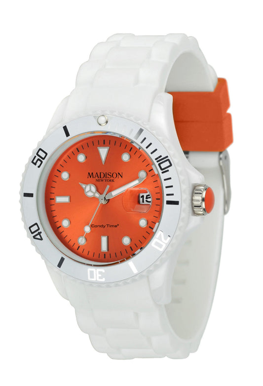 Madison New York Candy White U4359-F1 Unisex-Uhr mit orangem Zifferblatt und weissem Silikonarmband