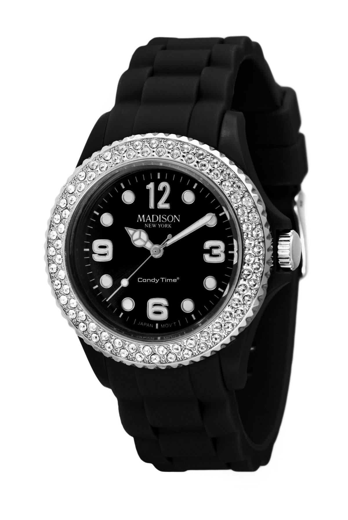 Madison New York Glamour U4101-A Damenuhr in Schwarz mit Swarovski Elements und Silikonarmband
