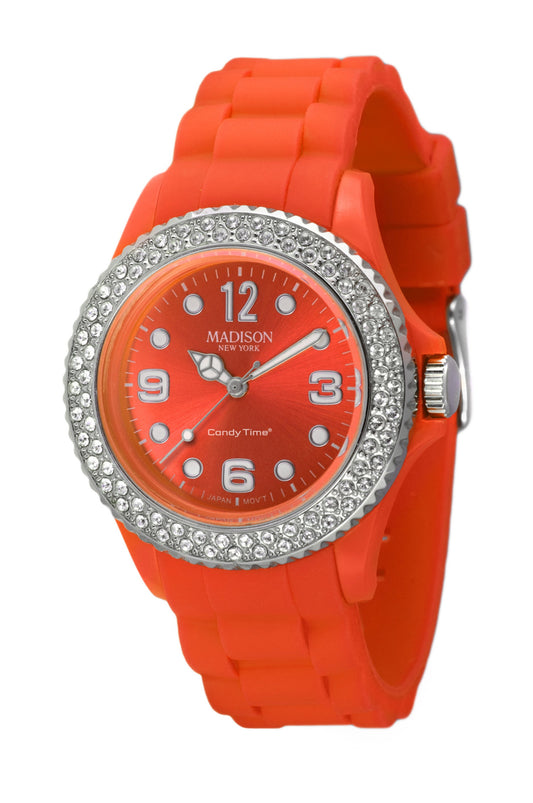 Madison New York Glamour U4101-E Damenuhr in Orange mit Swarovski Elements und Silikonarmband