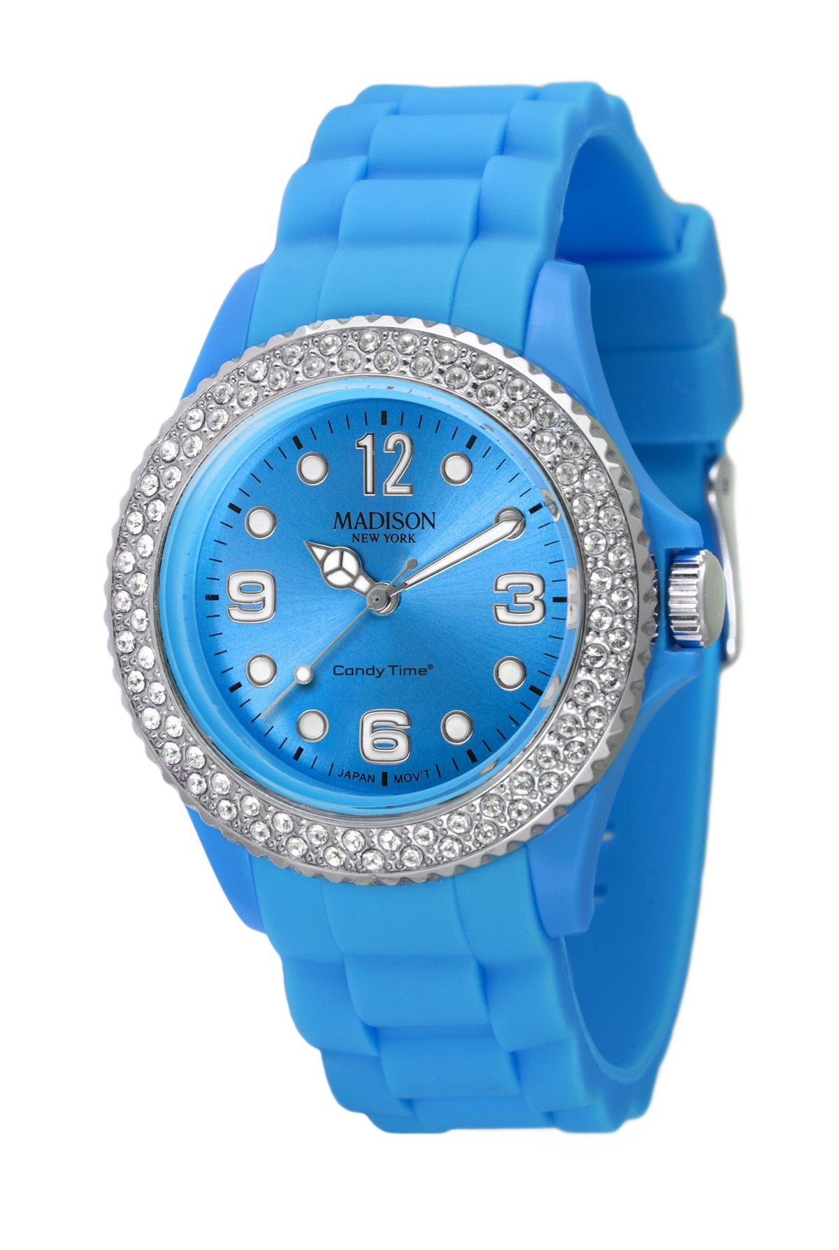 Madison New York Glamour U4101-L Damenuhr in Hellblau mit Swarovski Elements und Silikonarmband