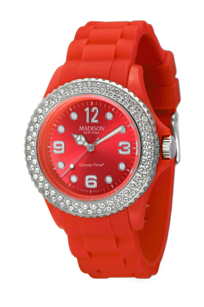 Madison New York Glamour U4101-S Damenuhr in Rot mit Swarovski Elements und Silikonarmband