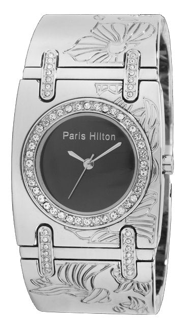 Paris Hilton Bangle 138.4467.60 Armreif-Uhr in Silber mit schwarzem Zifferblatt und Swarovski-Lünette