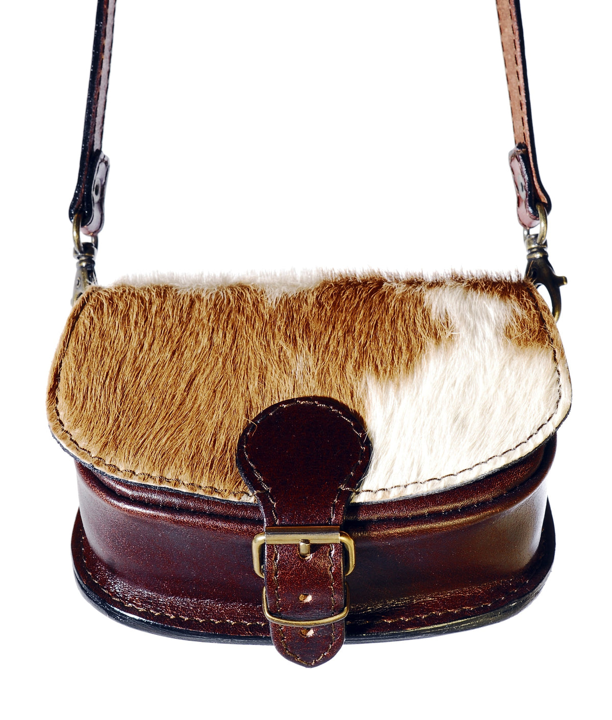 Relict Felltasche aus Leder und braun-weissem Fell