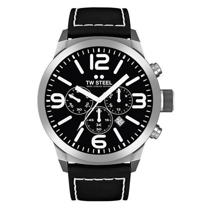 TW Steel Marc Coblen Edition TWMC12 Herren-Chronograph mit schwarzem Lederband und weisser Naht – Vorderansicht