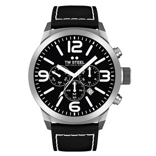 TW Steel Marc Coblen Edition TWMC12 Herren-Chronograph mit schwarzem Lederband und weisser Naht – Vorderansicht
