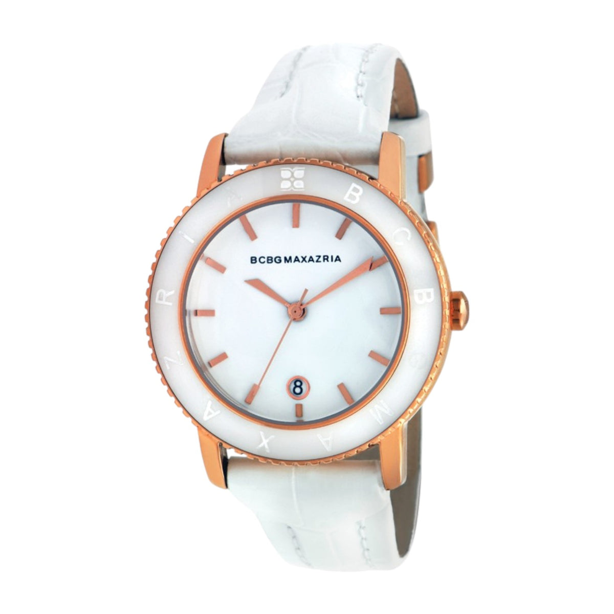 BCBGMAXAZRIA Ceramic BG6350 Damenuhr in Roségold mit weissen Keramikelementen und weissem Lederband
