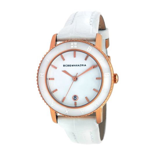 BCBGMAXAZRIA Ceramic BG6350 Damenuhr in Roségold mit weissen Keramikelementen und weissem Lederband