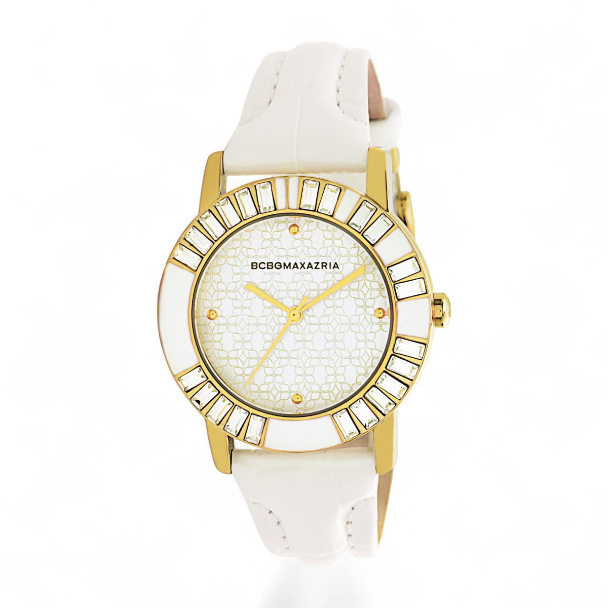 BCBGMAXAZRIA Enchante BG6404 Damenuhr mit goldfarbenem, steinbesetztem Gehäuse und weissem Lederband