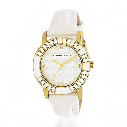 BCBGMAXAZRIA Enchante BG6404 Damenuhr mit goldfarbenem, steinbesetztem Gehäuse und weissem Lederband