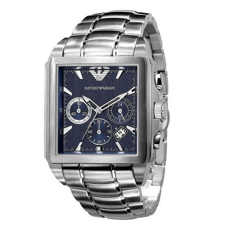 Emporio Armani AR0660 Herren-Chronograph mit dunkelblauem Zifferblatt und Edelstahlarmband