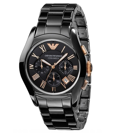 Emporio Armani Ceramica AR1410 Herren-Chronograph aus schwarzer Keramik mit Roségold-Akzenten