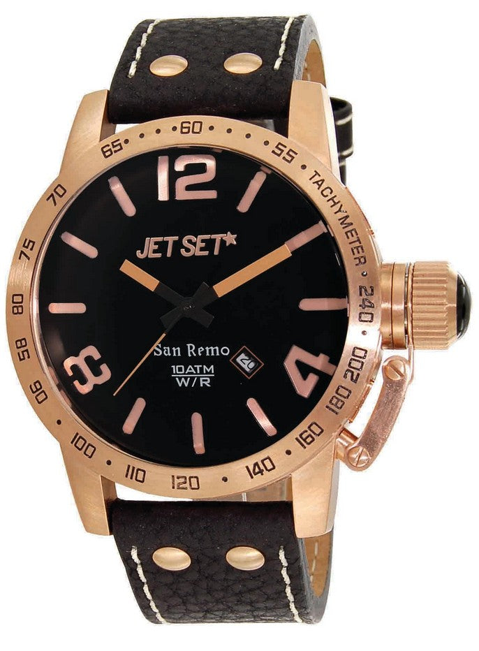 Jet Set San Remo J8458R-237 Herrenuhr in Roségold mit schwarzem Lederband und weisser Naht