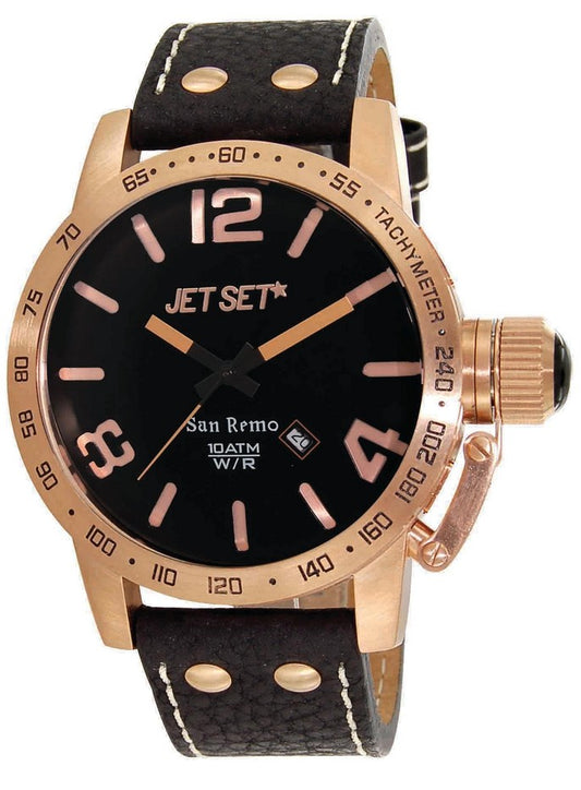 Jet Set San Remo J8458R-237 Herrenuhr in Roségold mit schwarzem Lederband und weisser Naht