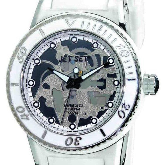Jet Set WB30 Skeleton J54934-131 in Weiss – Ansicht des Skelett-Zifferblatts