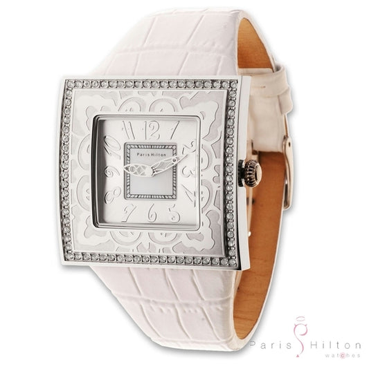 Paris Hilton Big Square 138.4328.99 Damenuhr mit weissem Krokoband und weissen Swarovski-Kristallen