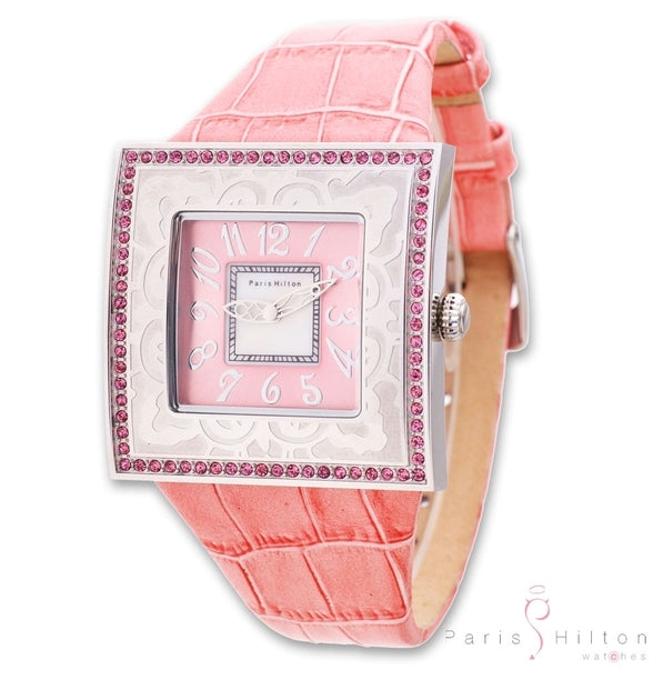 Paris Hilton Big Square 138.4330.99 Damenuhr mit pinkem Krokoband und pinken Swarovski-Kristallen