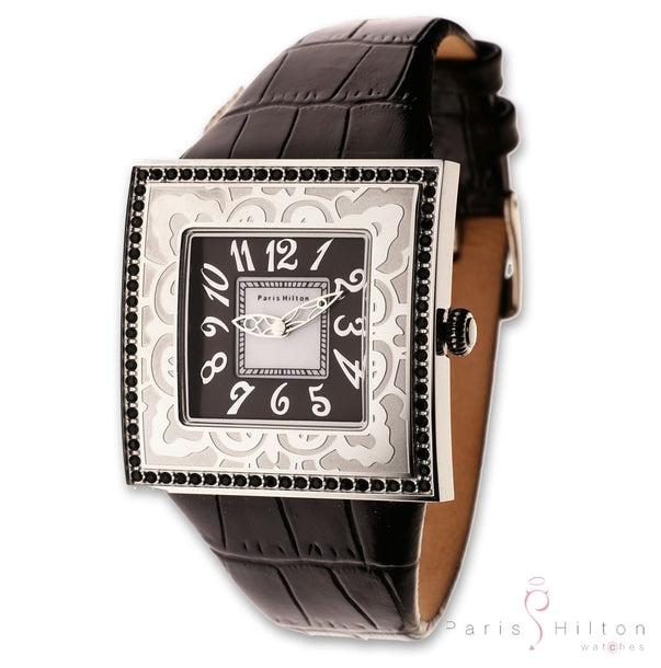 Paris Hilton Big Square 138.4331.99 Damenuhr mit schwarzem Krokoband und schwarzen Swarovski-Kristallen