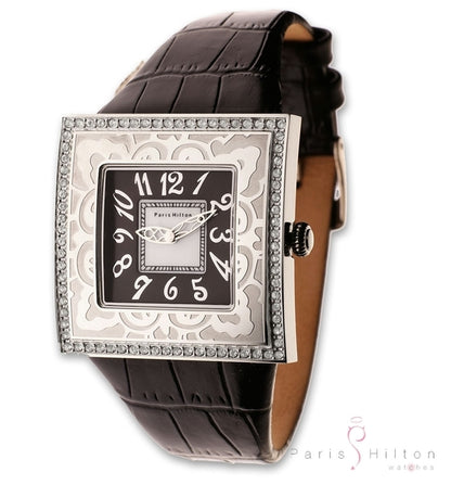 Paris Hilton Big Square 138.4332.99 Damenuhr mit schwarzem Krokoband und weissen Swarovski-Kristallen