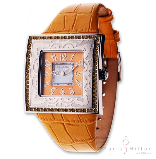 Paris Hilton Big Square 138.4333.99 Damenuhr mit orangem Krokoband und gelben Swarovski-Kristallen