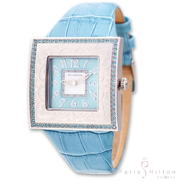 Paris Hilton Big Square 138.4334.99 Damenuhr mit hellblauem Krokoband und hellblauen Swarovski-Kristallen