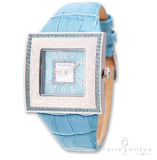Paris Hilton Big Square 138.4334.99 Damenuhr mit hellblauem Krokoband und hellblauen Swarovski-Kristallen