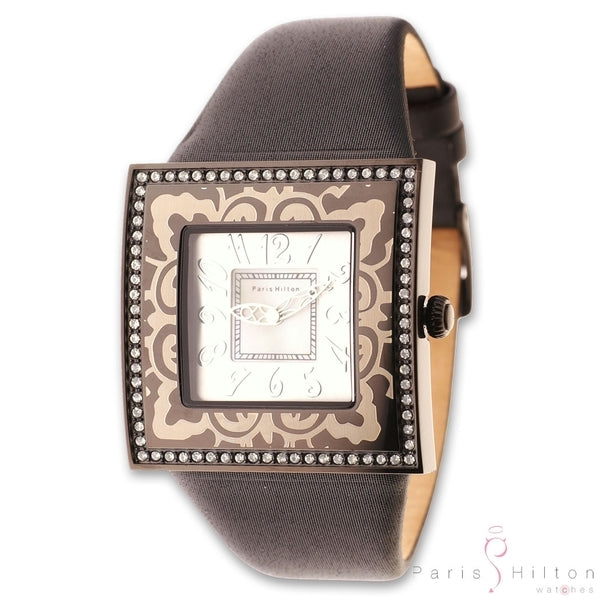 Paris Hilton Big Square Satin 138.4327.99 Damenuhr in Black IP mit schwarzem Satin-Lederband