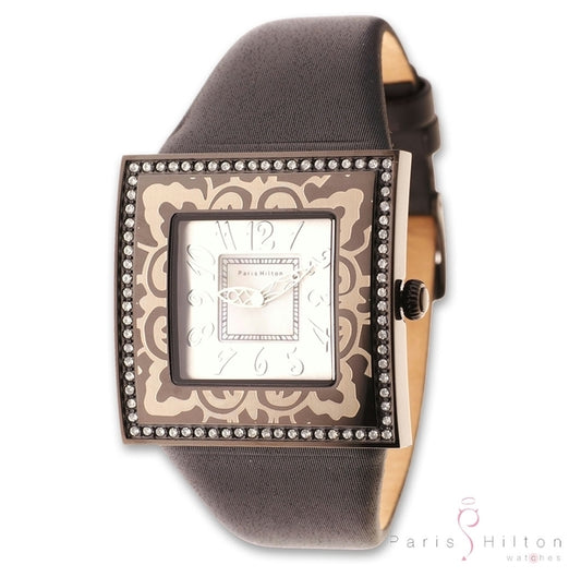 Paris Hilton Big Square Satin 138.4327.99 Damenuhr in Black IP mit schwarzem Satin-Lederband