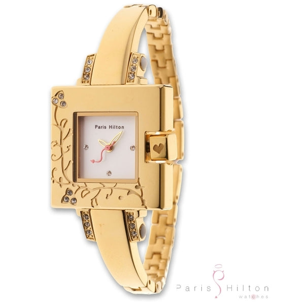 Paris Hilton Small Square 138.4306.99 Damenuhr in Gold/Weiss mit Edelstahl-Bracelet