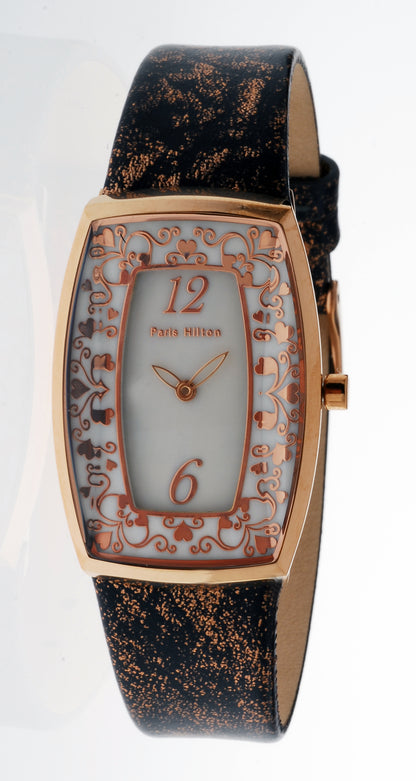 Paris Hilton Tonneau 138.4614.60 in Roségold mit weissem Zifferblatt und schwarz-bronzefarbenem Lederarmband