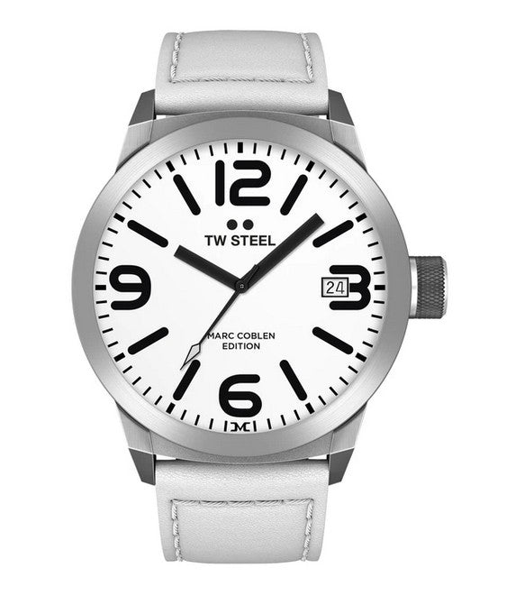 TW Steel Marc Coblen Edition TWMC45 Oversize-Herrenuhr 50 mm mit weissem Zifferblatt und weissem Lederband