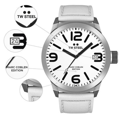 TW Steel TWMC45 mit Detailansichten von Logo, Datumsanzeige, Ziffern und Marc-Coblen-Schriftzug
