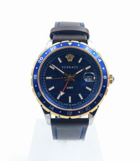 Versace Hellenyium V11070017 Herrenuhr mit blauem Zifferblatt und braunem Lederband