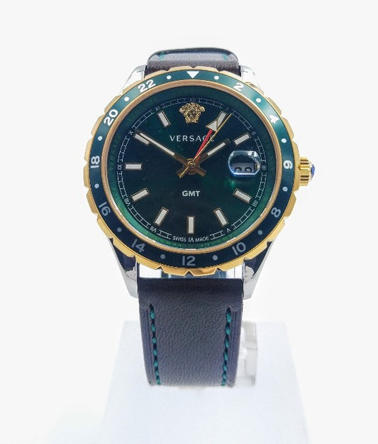 Versace Hellenyium V11080017 Herrenuhr mit grünem Zifferblatt und braunem Lederband
