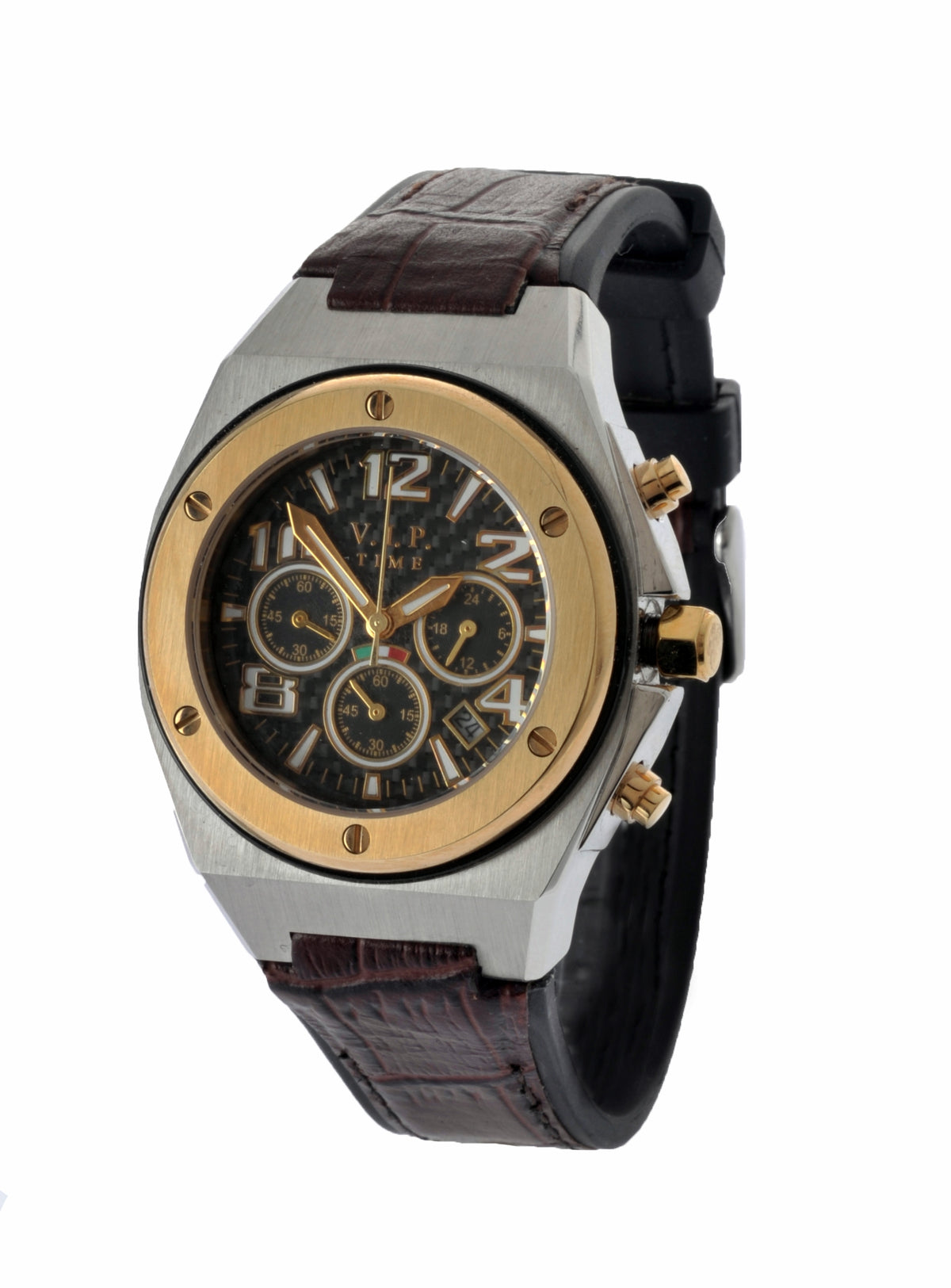 V.I.P. Time Italy Chronograph VP4004SG mit silbernem Edelstahlgehäuse und vergoldeter Lünette