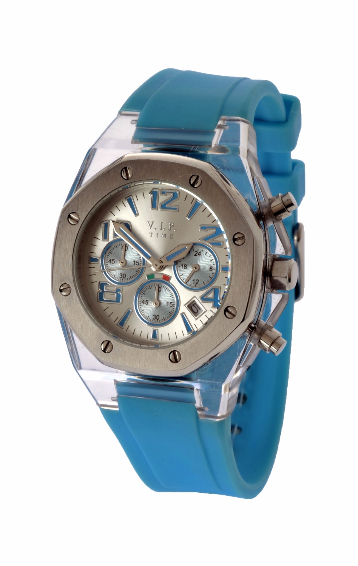 V.I.P. Time Italy Elegance Azzurro VP4099TP Damen-Chronograph mit transparentem Gehäuse und hellblauem Kautschukband