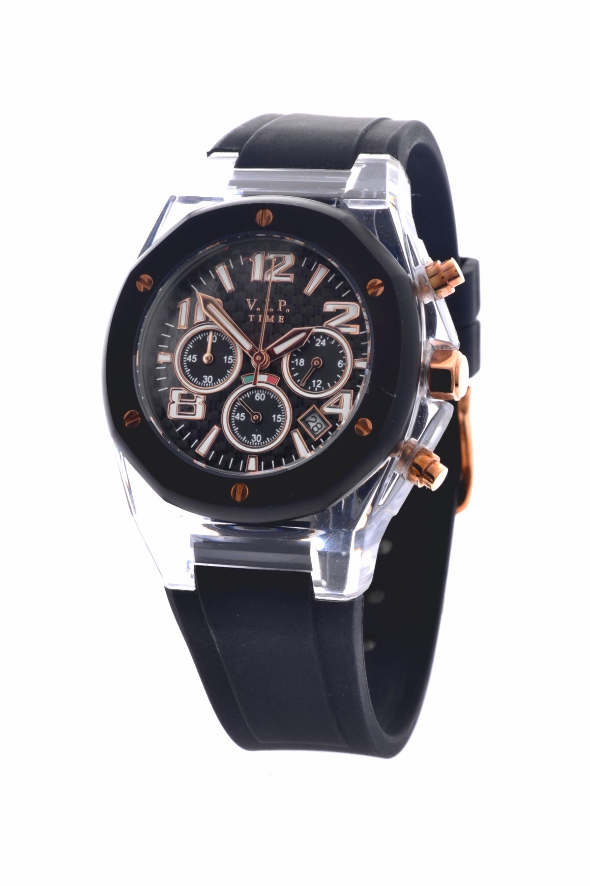 V.I.P. Time Italy Elegance Black-Rose VP4097TP Damen-Chronograph mit transparentem Gehäuse und schwarzem Kautschukband