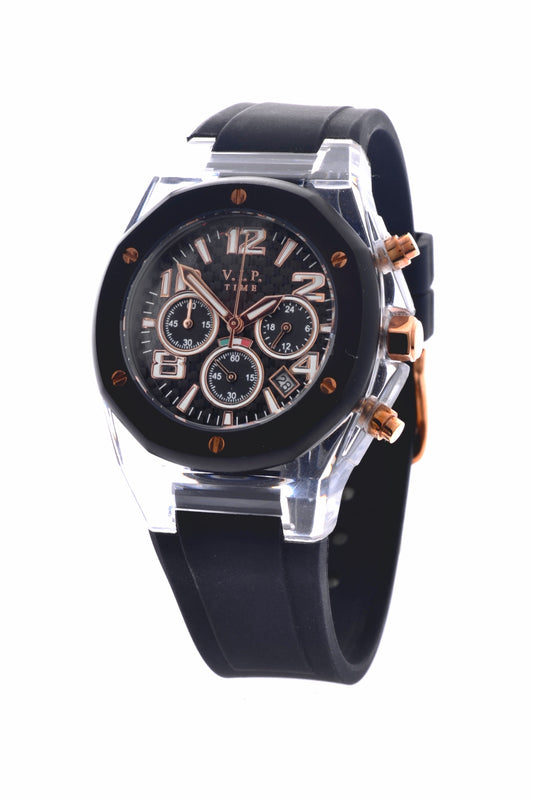 V.I.P. Time Italy Elegance Black-Rose VP4097TP Damen-Chronograph mit transparentem Gehäuse und schwarzem Kautschukband