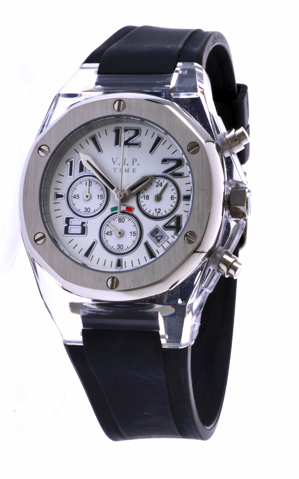 V.I.P. Time Italy Elegance Silver VP4098TP Damen-Chronograph mit transparentem Gehäuse und silberner Lünette