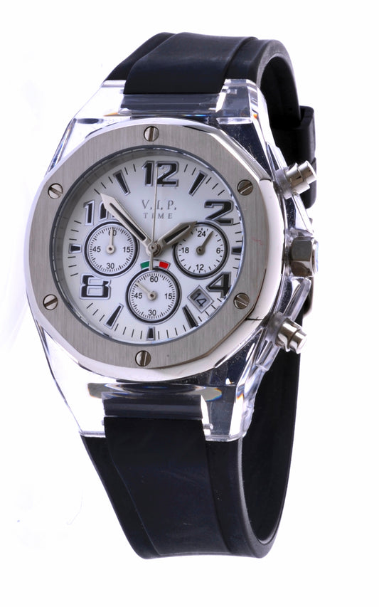 V.I.P. Time Italy Elegance Silver VP4098TP Damen-Chronograph mit transparentem Gehäuse und silberner Lünette