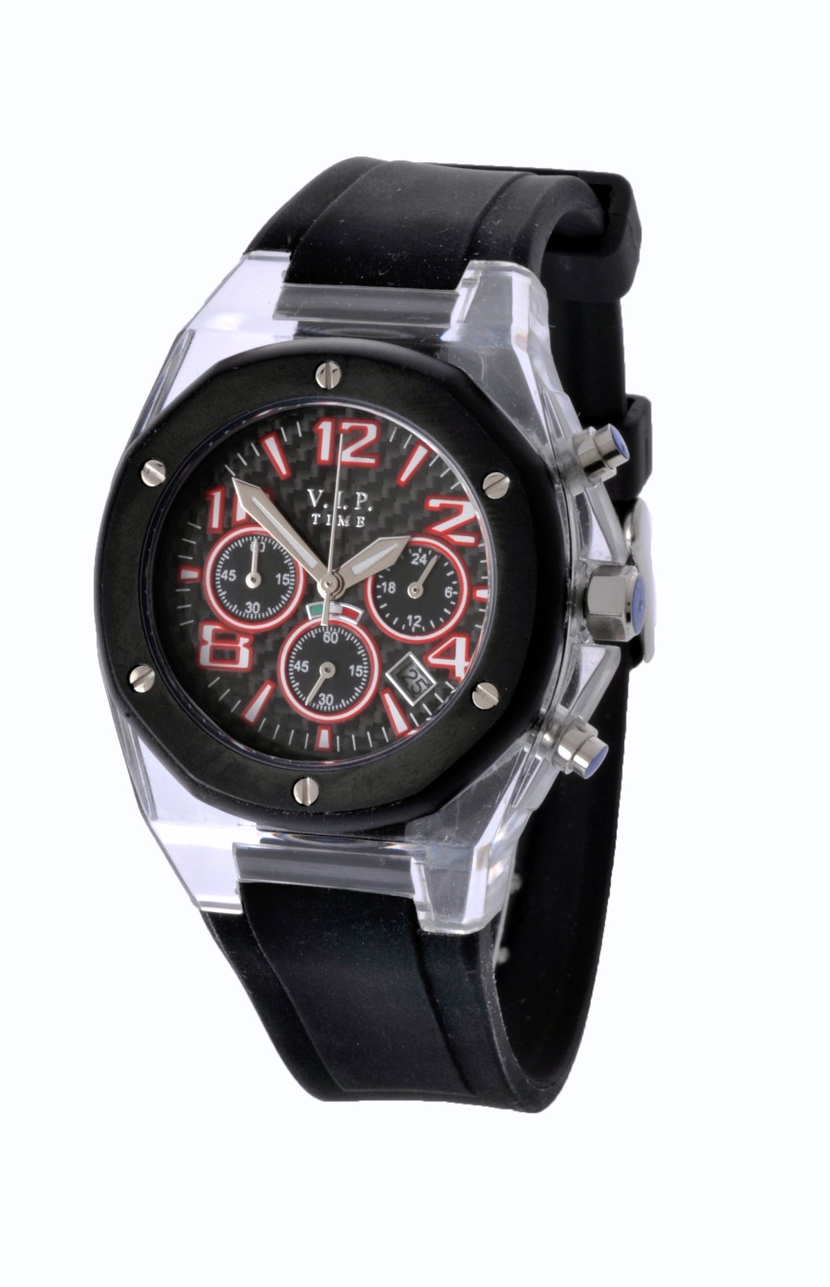 V.I.P. Time Italy Sportivo 1.0 VP4094GL Damen-Chronograph mit transparentem Gehäuse und schwarzem Kautschukband
